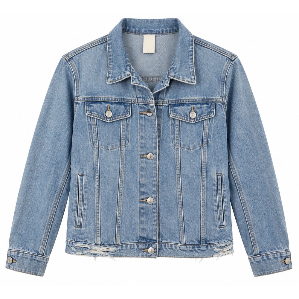 Light Wash Distressed Denim Trucker Jacket Women Medium Blue Jean Jacket